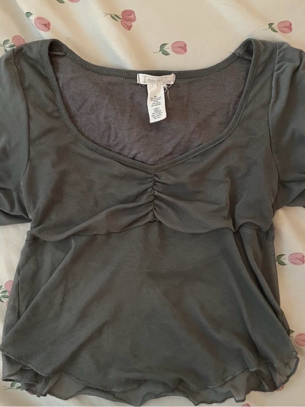 Full Tilt Olive Green Mesh Ruched Scoop Neck Crop Top